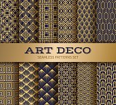 Art deco seamless pattern. Luxury geometric nouveau wallpaper, elegant classic retro ornament. Vector golden abstract pattern