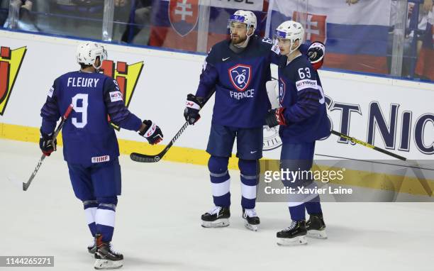 Alexandre Texier of France celebrate his goal with teamattes during the 2019 IIHF Ice Hockey World Championship Slovakia group A game between France...