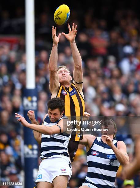 Ben McEvoy of the Hawks marks during the round 5 AFL match between Hawthorn and Geelong at Melbourne Cricket Ground on April 22, 2019 in Melbourne,...