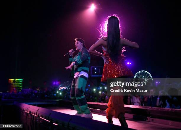 Justin Bieber performs with Ariana Grande at Coachella Stage during the 2019 Coachella Valley Music And Arts Festival on April 21, 2019 in Indio,...