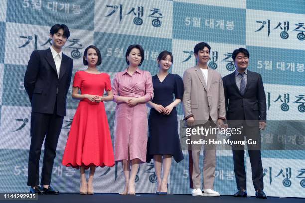 Actors Choi Woo-Shik, Cho Yeo-Jeong, Jang Hye-Jin, Park So-Dam, Lee Sun-Kyun and Song Kang-Ho attend the press conference for 'Parasite' on April 22,...