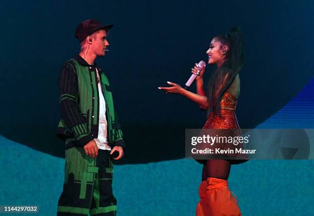 Justin Bieber performs with Ariana Grande at Coachella Stage during the 2019 Coachella Valley Music And Arts Festival on April 21, 2019 in Indio,...