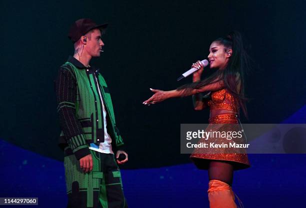 Justin Bieber performs with Ariana Grande at Coachella Stage during the 2019 Coachella Valley Music And Arts Festival on April 21, 2019 in Indio,...