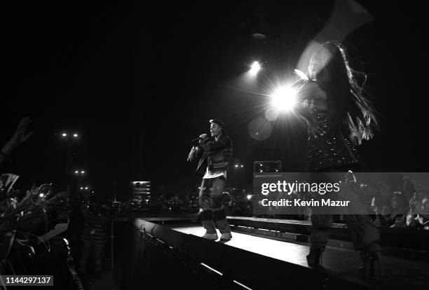 Justin Bieber performs with Ariana Grande at Coachella Stage during the 2019 Coachella Valley Music And Arts Festival on April 21, 2019 in Indio,...