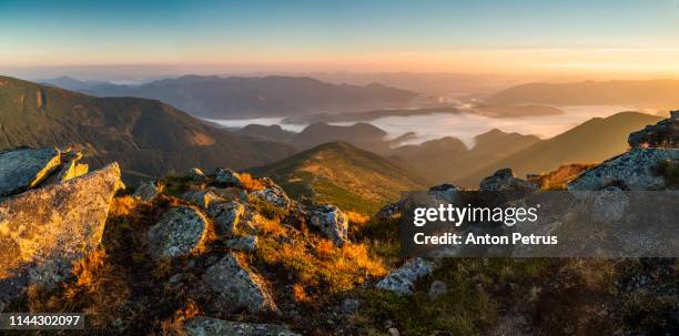 panorama of misty dawn in the mountains. beautiful landscape - alps romania stock pictures, royalty-free photos & images