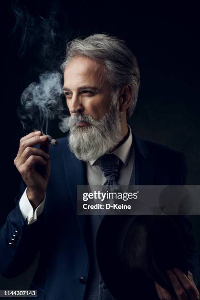 dapper gentleman mit mode-fotoshooting im studio - cigar stock-fotos und bilder