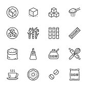 Sugar cane, cube flat line icons set. Sweetener, stevia, bakery products vector illustrations. Outline signs for sugarless food. Pixel perfect 64x64. Editable Strokes