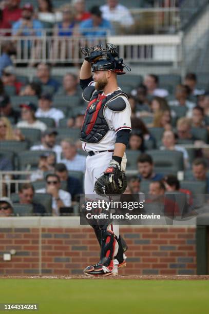 Atlanta Braves catcher Brian McCann during a regular season MLB game between the Atlanta Braves and the St. Louis Cardinals on May 16, 2019 at...
