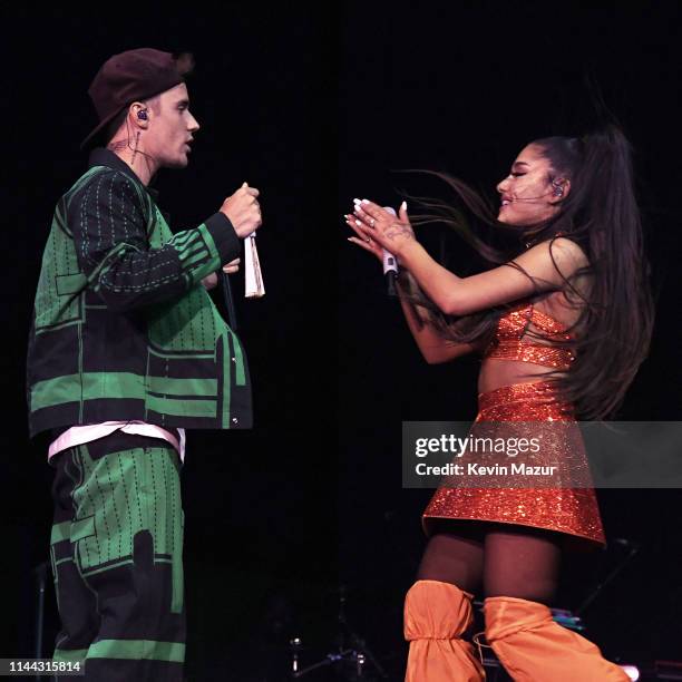 Justin Bieber performs with Ariana Grande at Coachella Stage during the 2019 Coachella Valley Music And Arts Festival on April 21, 2019 in Indio,...