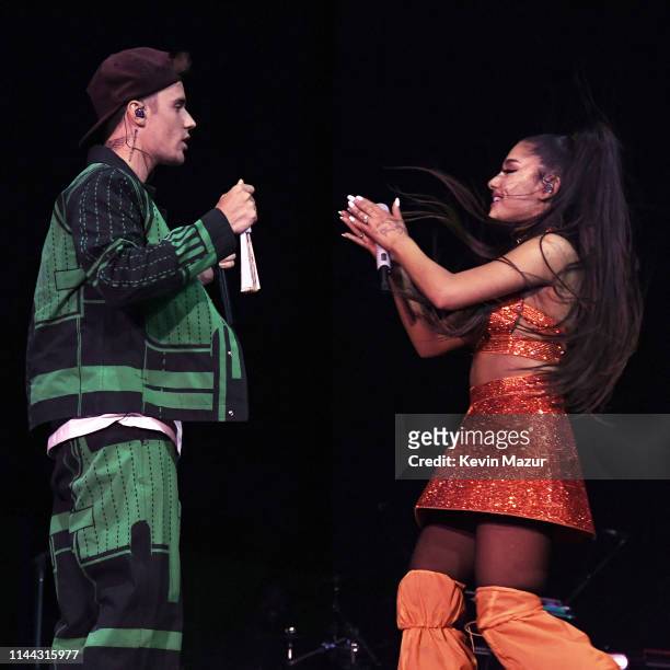 Justin Bieber performs with Ariana Grande at Coachella Stage during the 2019 Coachella Valley Music And Arts Festival on April 21, 2019 in Indio,...