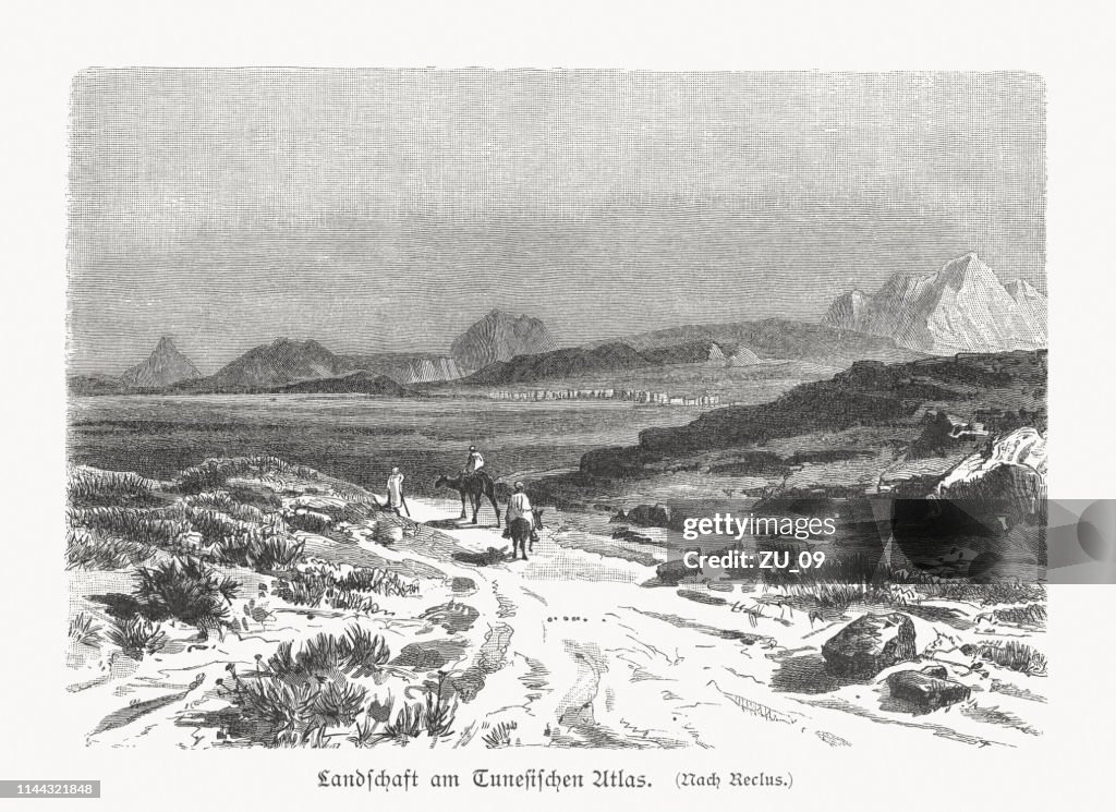 Landscape at the Tunisian Atlas Mountains, wood engraving, published 1897