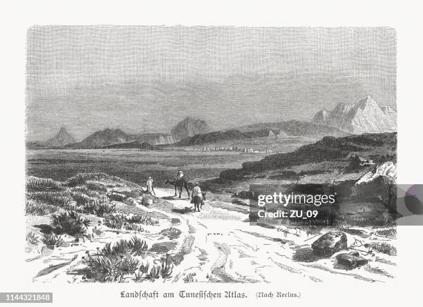 landscape at the tunisian atlas mountains, wood engraving, published 1897 - atlas mountains stock illustrations