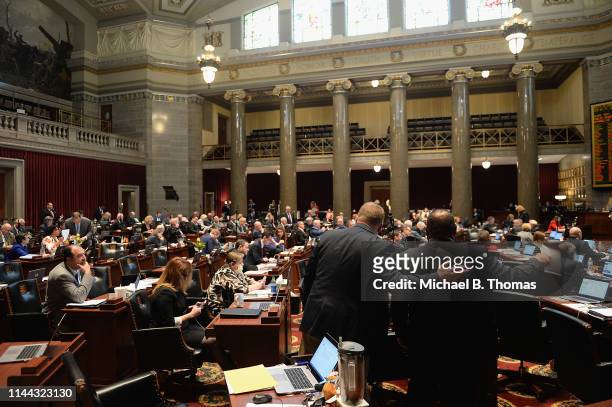 Members of the Missouri House of Representatives work on the House floor on May 17, 2019 in Jefferson City, Missouri. Tension and protest arose after...