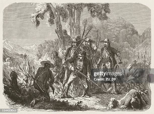 mexican guerrillas in the 19th century, wood engraving, published in 1872 - mexican ethnicity stock illustrations