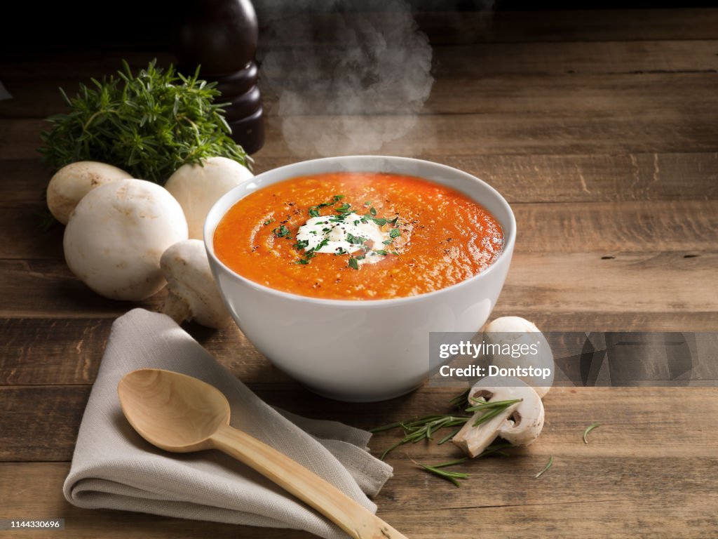 Tomato Soup with mushroom and vegetables.