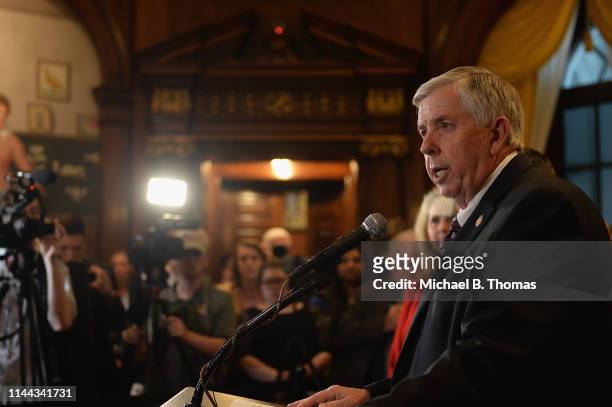 Missouri Governor Mike Parson addresses the media on the last day of legislative session at the Missouri State Capitol Building on May 17, 2019 in...