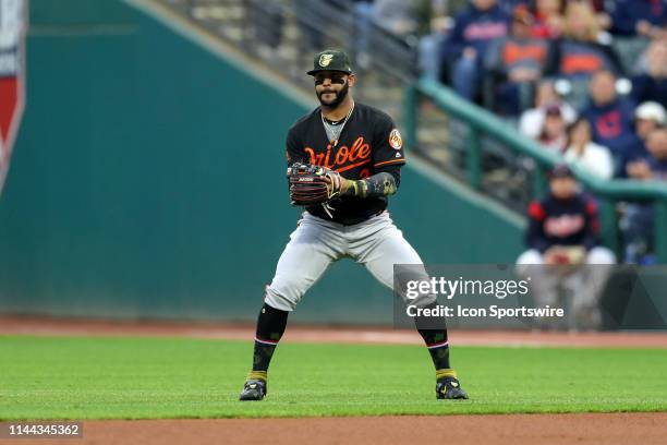 Baltimore Orioles infielder Jonathan Villar reacts after making an error on the ground ball hit by Cleveland Indians third baseman Jose Ramirez...
