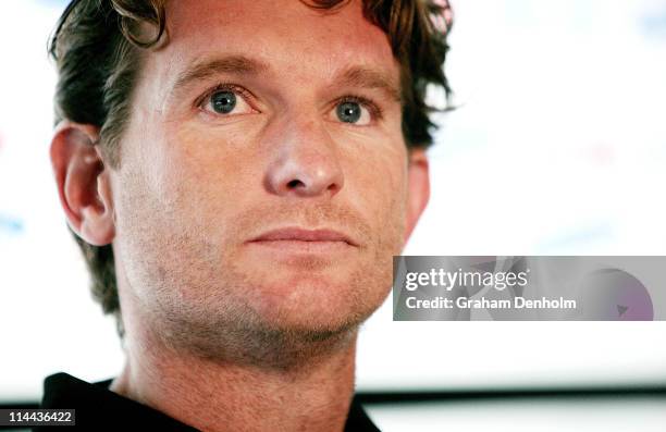 James Hird coach of the Bombers talks to the media during an Essendon Bombers press conference ahead of their AFL training session at Windy Hill on...