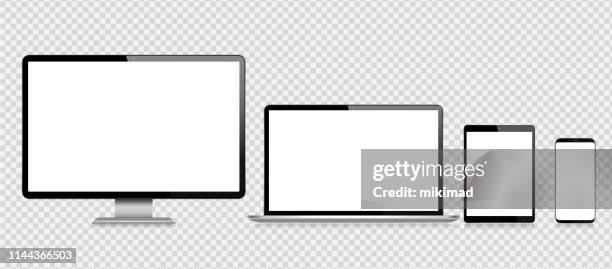 現実的なベクトルデジタルタブレット、携帯電話、スマートフォン、ラップトップ、コンピュータモニター。現代のデジタルデバイス - pc点のイラスト素材／クリップアート素材／マンガ素材／アイコン素材