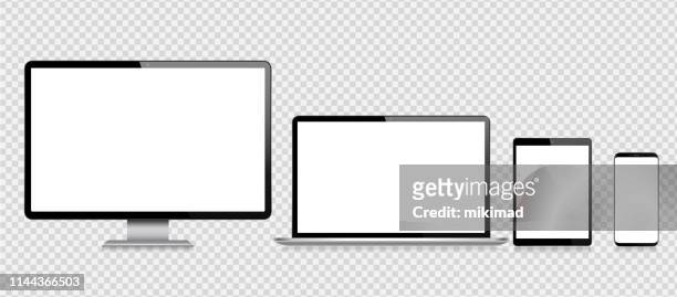 realistic vector digital tablet, mobile phone, smart phone, laptop and computer monitor. modern digital devices - personal computer stock illustrations