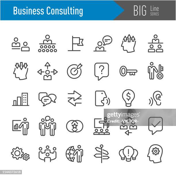 business consulting icon - big line series - meeting asking question stock illustrations