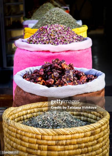 colorful spices, souk in marrakesh, morocco - marrakech spice stock pictures, royalty-free photos & images