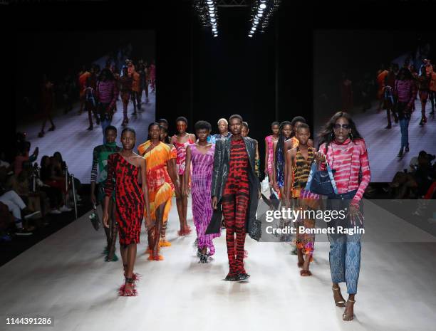 Models walk the runway wearing Asi during Arise Fashion Week on April 21, 2019 in Lagos, Nigeria.