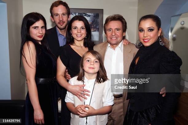 Annabel Jones, Josh Cramer, Jessica Jones and son Phoenix Burrows with Davy Jones and wife Jessica Pacheco backstage at Royal Albert Hall on May 19,...