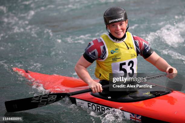 Bethan Farrow reacts after she competes in the Women's Canoe Single C1 Final during a British Senior team and Olympic selection trials at Lee Valley...