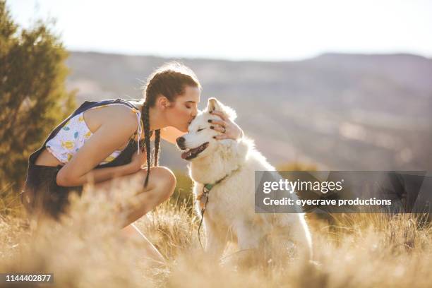 energieke tiener vrouw exploring colorado buitenshuis met husky hond in de wilde serie - desert dog stockfoto's en -beelden