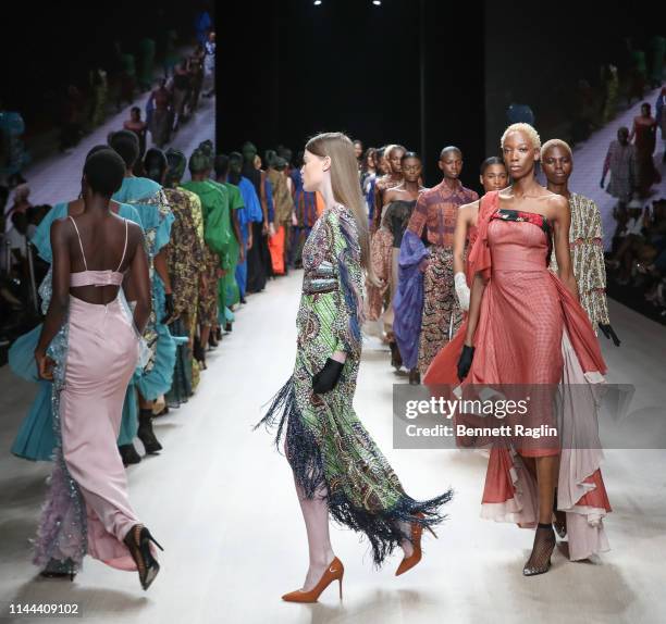 Model walks the runway wearing Odio Mimonet during Arise Fashion Week on April 21, 2019 in Lagos, Nigeria.