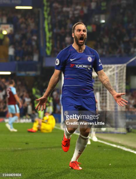 Gonzalo Higuain of Chelsea celebrates after scoring his sides second goal during the Premier League match between Chelsea FC and Burnley FC at...