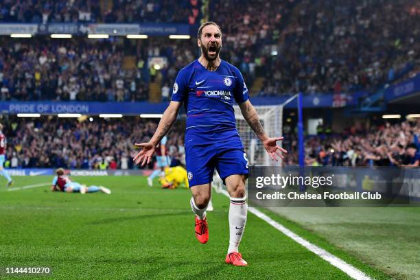 Gonzalo Higuain of Chelsea celebrates scoring his sides second goal during the Premier League match between Chelsea FC and Burnley FC at Stamford...