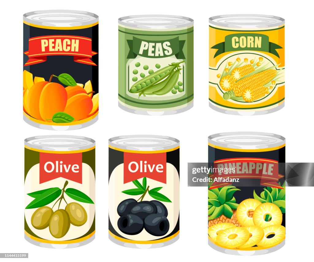 Colored icon collection Food in aluminum can. Canned fruits and olives. Product for supermarket and shop. Flat vector illustration isolated on background