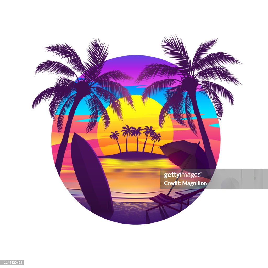 Tropical Beach at Sunset with Island