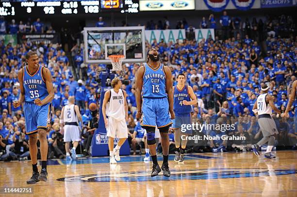 James Harden of the Oklahoma City Thunder reacts after a play against the Dallas Mavericks during Game Two of the Western Conference Finals in the...