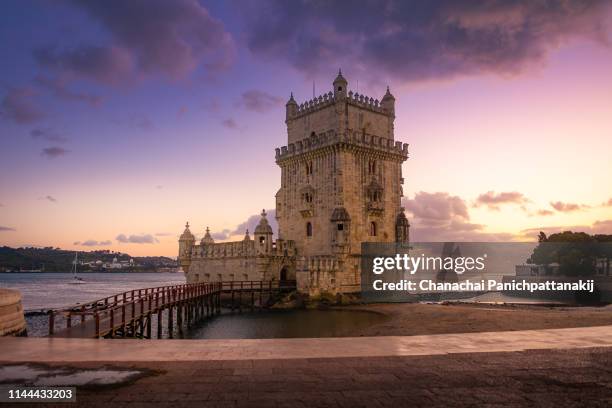 twilight scene of torre de belém, lisbon - belem stock-fotos und bilder