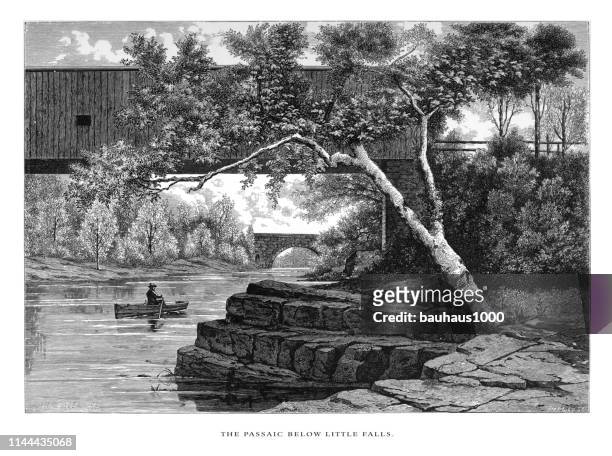 passiac river below little falls, new jersey, united states, american victorian engraving, 1872 - new jersey stock illustrations