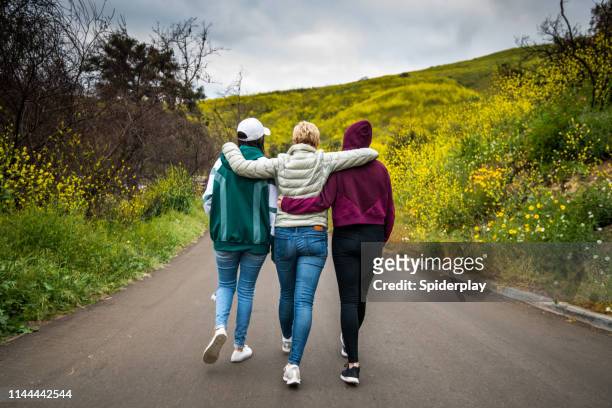 mother and daughters walking towards the flower field - arm in arm stock pictures, royalty-free photos & images