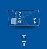 Credit cards in ATM on blue background. Vector illustration. Ready for your design.