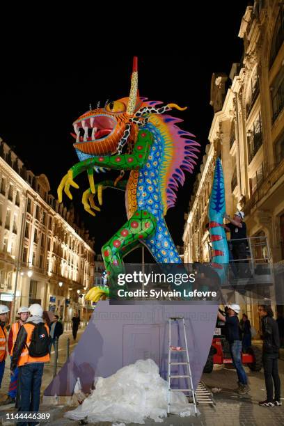 Installation of the monumental Mexican traditional sculptures, the Alebrijes, made by Paco Enriquez and Jesus Sanabria on the street Faidherbe, la...