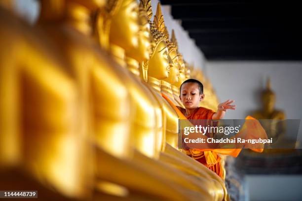 asian children novices are covering cloth, buddha are buddhist culture. - cambodia stockfoto's en -beelden