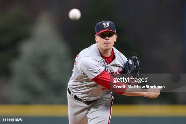 Starting pitcher Jeremy Hellickson of the Washington Nationals throws in the first inning against the Colorado Rockies at Coors Field on April 22,...