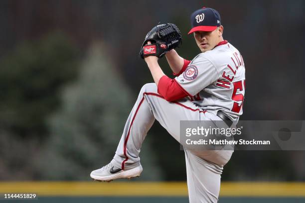 Starting pitcher Jeremy Hellickson of the Washington Nationals throws in the first inning against the Colorado Rockies at Coors Field on April 22,...