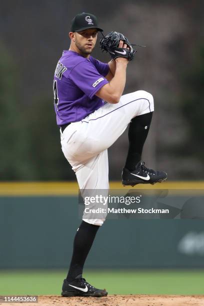 Starting pitcher Tyler Anderson of the Colorado Rockies throws in the first inning against the Washington Nationals at Coors Field on April 22, 2019...