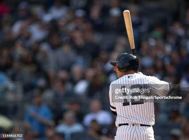Troy Tulowitzki of the New York Yankees bats during the game against the Baltimore Orioles at Yankee Stadium on March 30, 2019 in the Bronx borough...