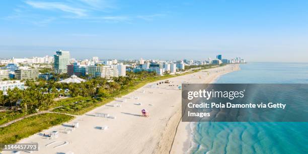 high drone panoramic view of south beach in miami from south pointe park, florida, usa - boulevard strand stock pictures, royalty-free photos & images