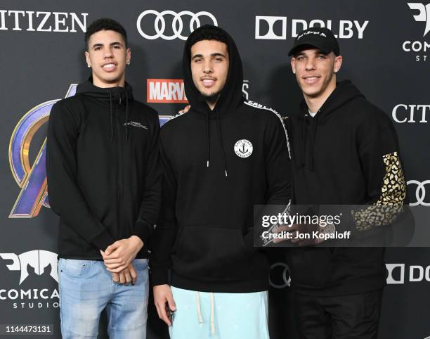 LaMelo Ball, Liangelo Ball and Lonzo Ball attend the World Premiere Of Walt Disney Studios Motion Pictures "Avengers: Endgame" at Los Angeles...