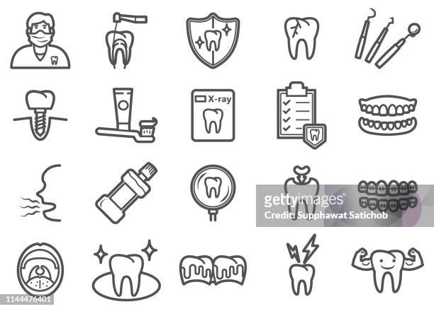 stockillustraties, clipart, cartoons en iconen met dental health line iconen set - toothache