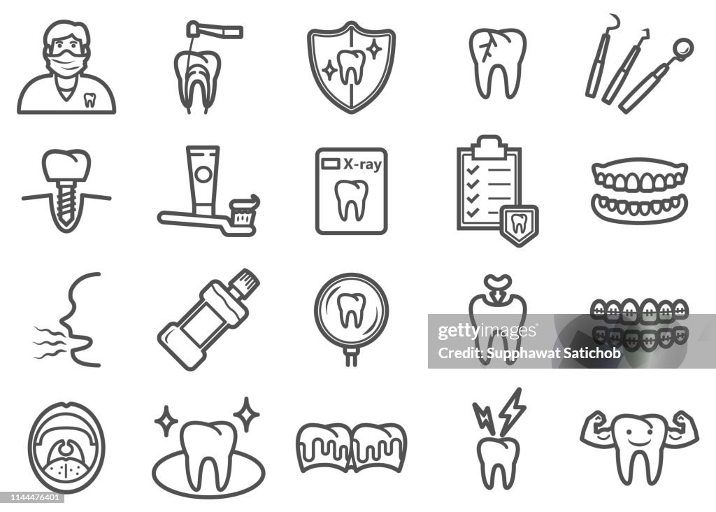 Ícones dentais da linha da saúde ajustados